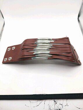 Rugged Brown Leather Bracelet with 12 Metal Bound Strips Unisex